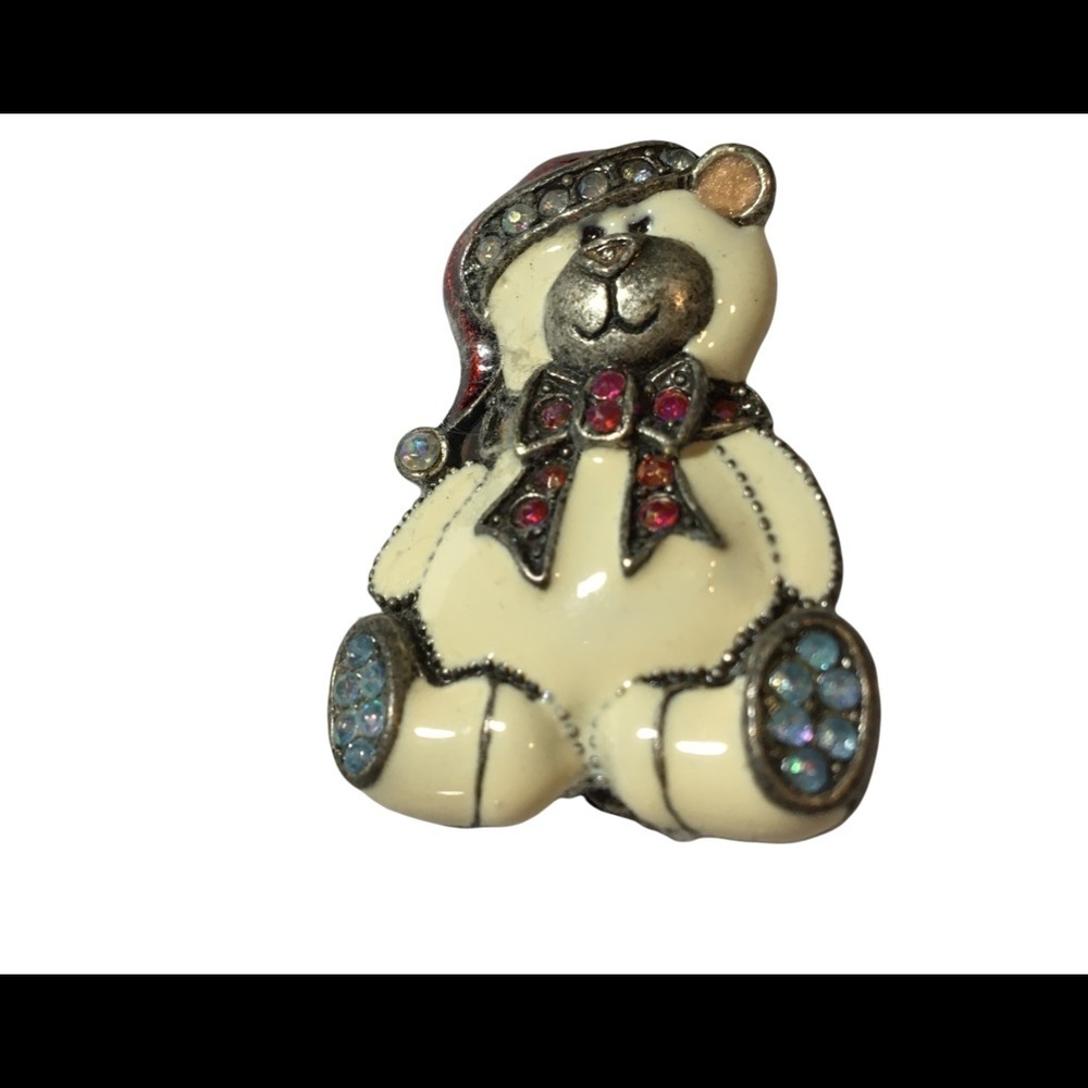OTC Vintage Christmas Teddy Bear brooch pin with multi colored rhinestones